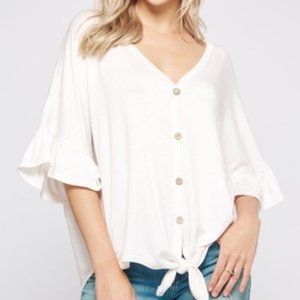 White Button-Up Top with Knot Hem/Ruffle Sleeves